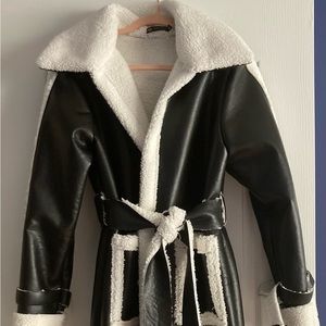 Black Faux Suede Trench Coat with Borg Trim